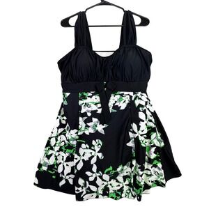 Wantdo Swimsuit Women's 18W Black Floral Empire Waist Swimdress One Piece